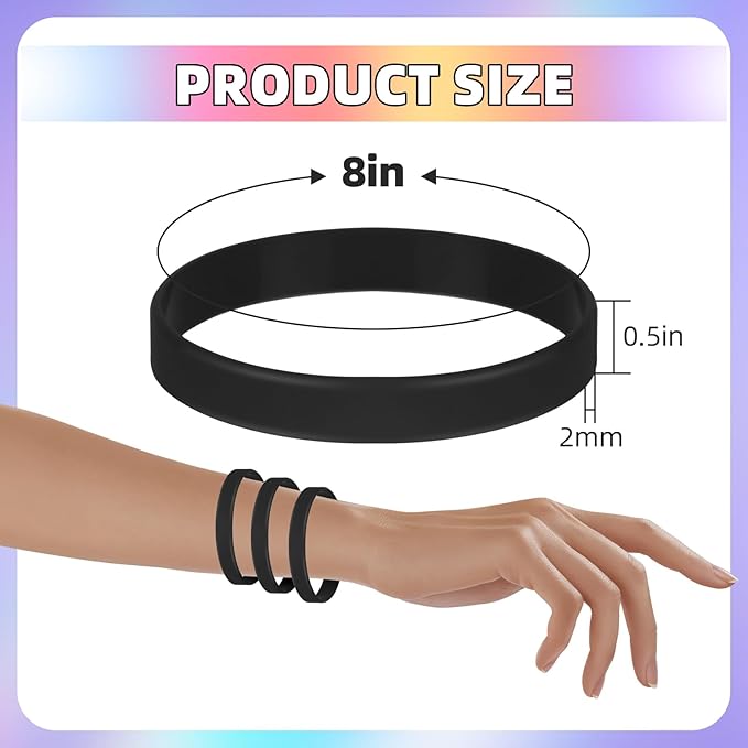 50 Pieces Plain Silicone Wristbands Sport Elastic Band, Stretch Rubber Wristband for Event, Teen-Black