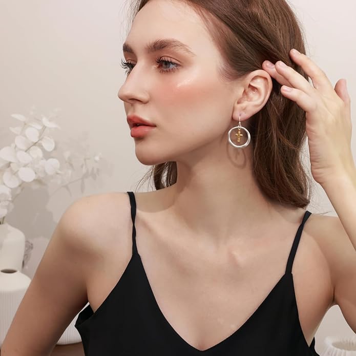 Mixed Metal Earrings, Round Circle Hoop Two Tone Dangle Earrings, Vintage Gold and Silver Geometric Earrings, Handmade Boho Earrings for Women