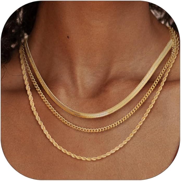 Layered Necklaces for Women, Dainty 14K Gold Plated Herringbone Chain Necklace Set Chunky Gold Necklace Stack Layering Choker Necklaces for Women Trendy Fashion Waterproof Jewelry