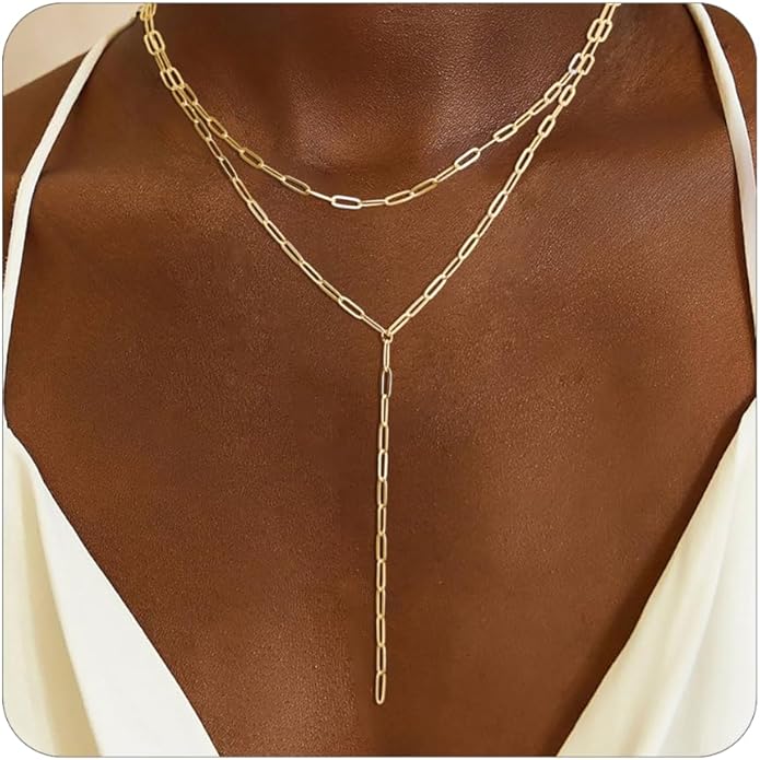 Lariat Necklace for Women, Dainty 14K Gold/Silver Plated Long Necklaces for Women Trendy Simple Layered Y-Shaped Drop Pendant Necklace Adjustable Gold Jewelry Gifts For Her Christmas Stocking Stuffer