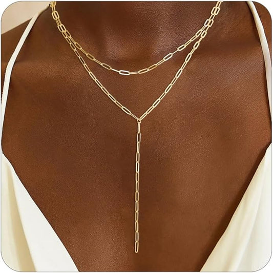 Lariat Necklace for Women, Dainty 14K Gold/Silver Plated Long Necklaces for Women Trendy Simple Layered Y-Shaped Drop Pendant Necklace Adjustable Gold Jewelry Gifts For Her Christmas Stocking Stuffer