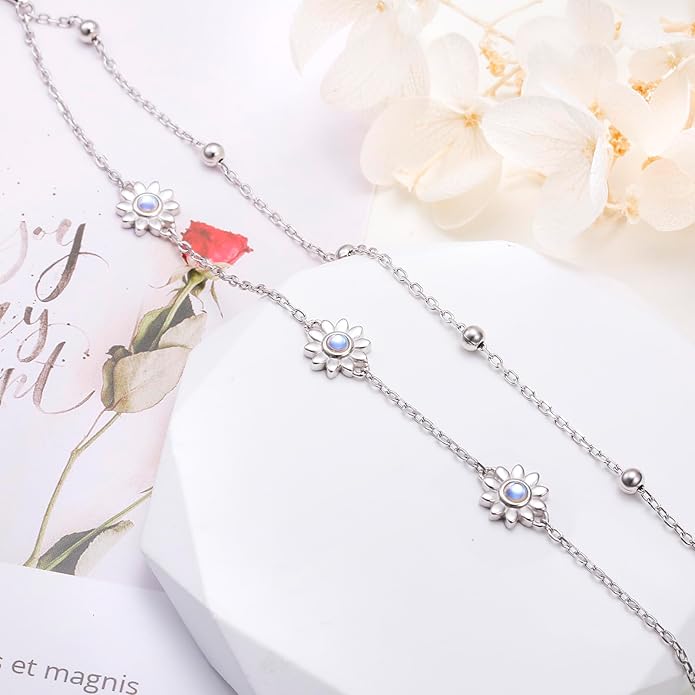 FLYOW Anklet for Women S925 Sterling Silver Adjustable Foot Beaded Heart Charm Ankle Bracelet Anklets Jewelry