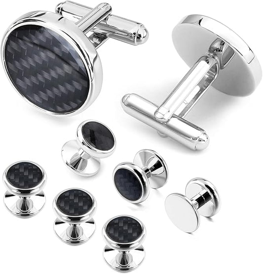 HAWSON Cufflinks and Studs for Men-Fashion Men Vintage Enamel Carbon Fiber Tuxedo Shirt Cufflinks and Studs Set for Regular Wedding Business Accessories