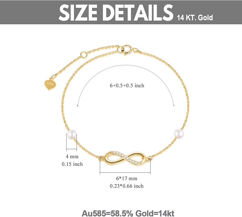 SISGEM 14k Gold Diamond Infinity Bracelet for Women, Real Gold Pearl Love Jewelry Gifts for Wife, Present for Her, 6.9"-8.3"