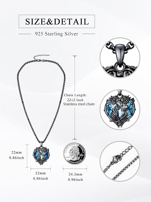 Flpruy 925 Sterling Silver Black Gothic Jewelry Gifts Skeleton Couple Pendant Crystal Birthstone Heart Necklace Punk Romantic Jewelry for Lover Men Women