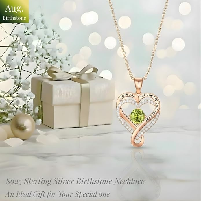 Birthstone Infinity Heart Necklace for Women Wife Girlfriend Mom Daughter Gifts S925 Silver Jewelry For Anniversary Rose Gold Gifts For Birthday Christmas Mothers Valentines Day