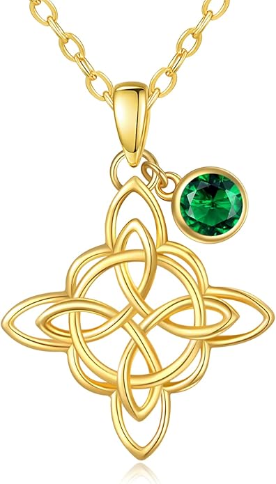 Witches Knot Necklace for Women, 14K Gold Celtic Knot Cross Jewelry with Triquetra Trinity with Birthstone Pendant, Birthday Witchy Spiritual Gifts for Her Wife Mom Grandma, 18+2 Inch Chain