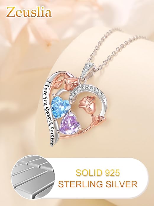 Zeuslia Double Birthstone Necklace Gifts for Wife - 925 Sterling Silver Sunflower/Rose/Crown Cross/Compass/Heart Pendant I Love You Necklace, Anniversary Birthday Gifts for Wife Girlfriend Mom Her