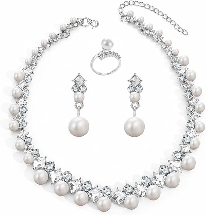la luen Pearl Bride Wedding Jewelry Set Faux Pearls Crystal Rhinestone Necklace Earrings Bracelet Sets for Women Bridesmaid(3 PCS)