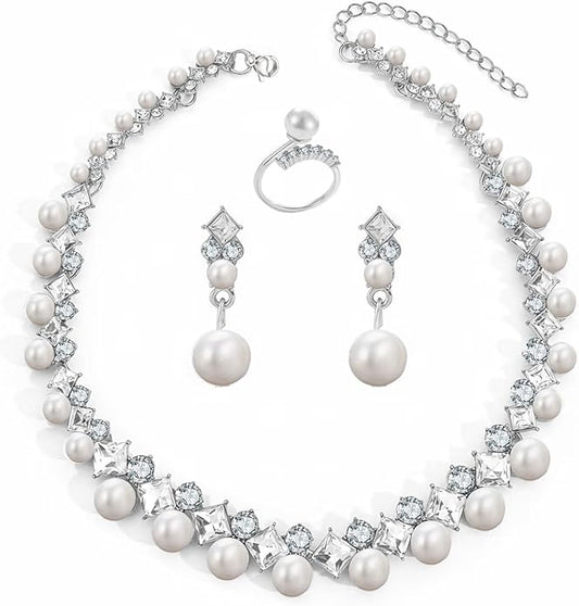 la luen Pearl Bride Wedding Jewelry Set Faux Pearls Crystal Rhinestone Necklace Earrings Bracelet Sets for Women Bridesmaid(3 PCS)