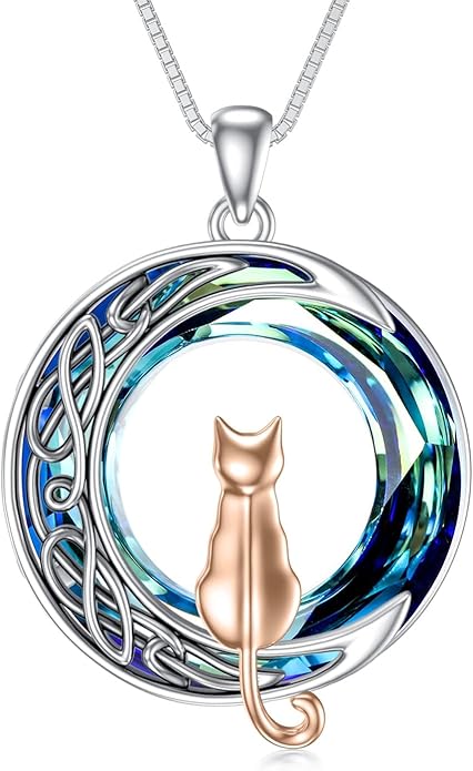 TOUPOP Christmas Cat Gifts for Cats Lovers One Two Three Four Cats Necklace Sterling Silver Cats on the Moon Pendant Necklace with Blue Circle Crystal Birthday Christmas Celtic Jewelry Gifts for Women