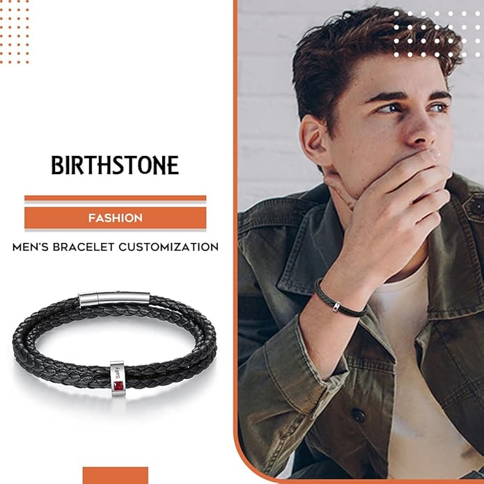kaululu Custom Leather Bracelet for Men with 1/2/3/4/5/6/7/8 Birthstones Engraved Stainless Steel Beads Personalized Names Bracelet for Father's Day Christmas Thanksgiving Gift for Men