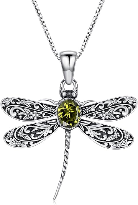 Vintage Dragonfly Necklace for Women 925 Sterling Silver, Oval Birthstone Dragonfly Pendant Boho Jewelry Birthday Gift for Her, Mom, Grandma