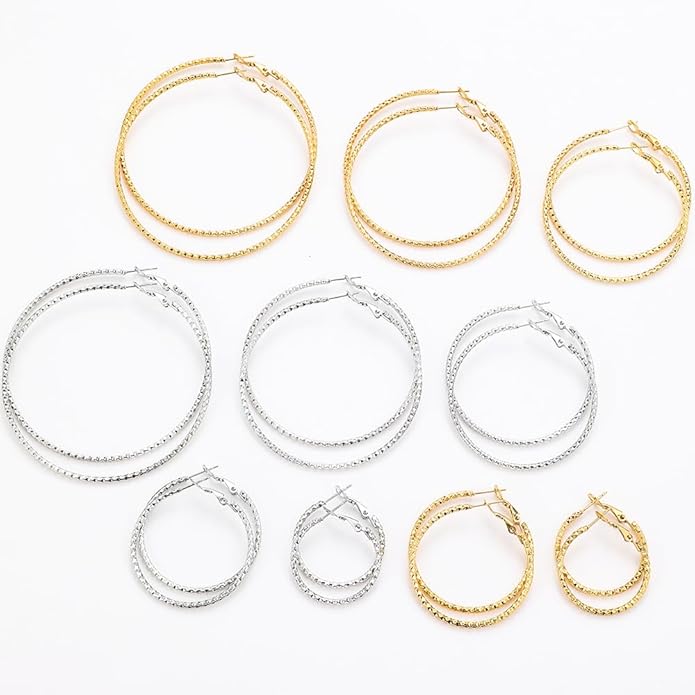 5/10 Pairs Stainless Steel Hoop Earrings for Women Hypoallergenic Large Small 14K Gold Plated Starry Sky Filigree Hoops Silver Plated Hoop Earring Pack Lightweight Fashion Earrings Set