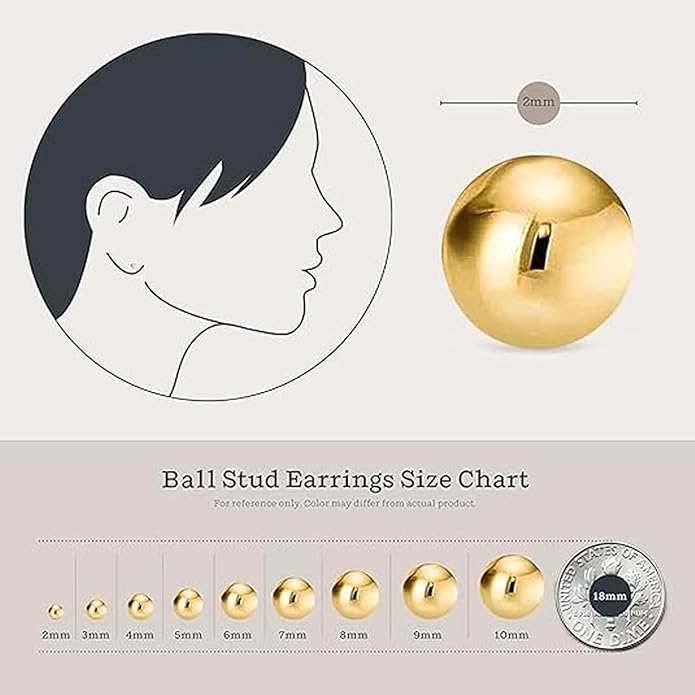 KEZEF Sterling Silver Ball Stud Earrings Hypoallergenic Earrings for Women | Available in Sterling Silver, Rose Gold, or 14K Gold Plated Silver (2mm-10mm)