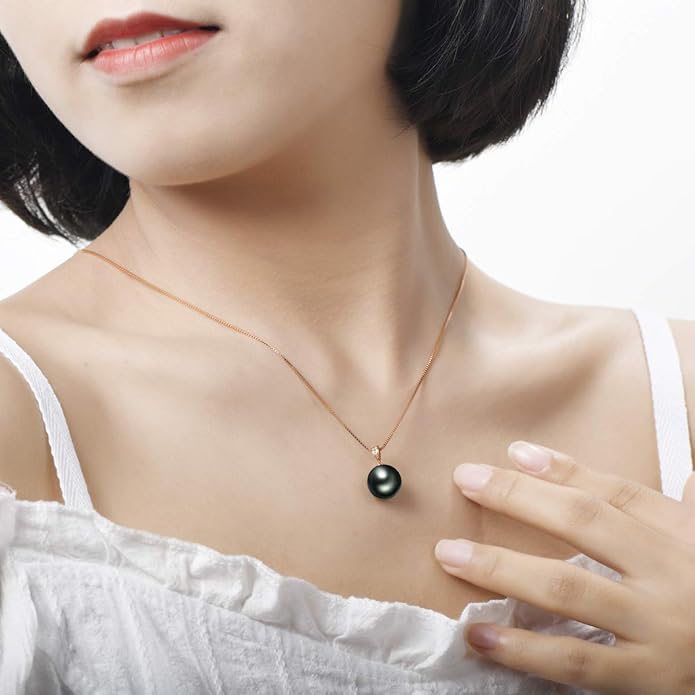 DENGGUANG 18K Gold Natural Black Pearl Pendant Necklace Pendant with Diamond 10-11mm Genuine Tahitian Cultured Round Pearls Jewelry Gifts for Women with 18" Silver Chain