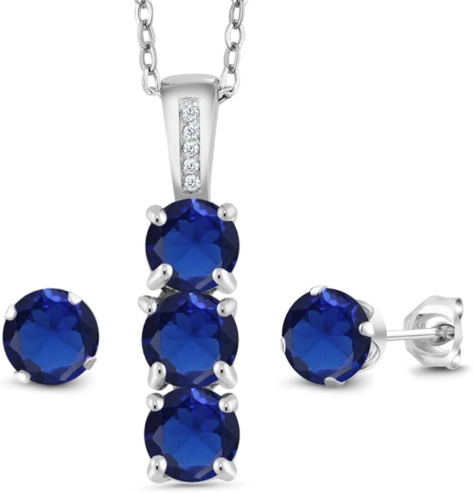 Gem Stone King 925 Sterling Silver 5MM Gemstone Birthstone and White Diamond 3-Stone Pendant and Earrings Jewelry Set For Women | With 18 Inch Chain