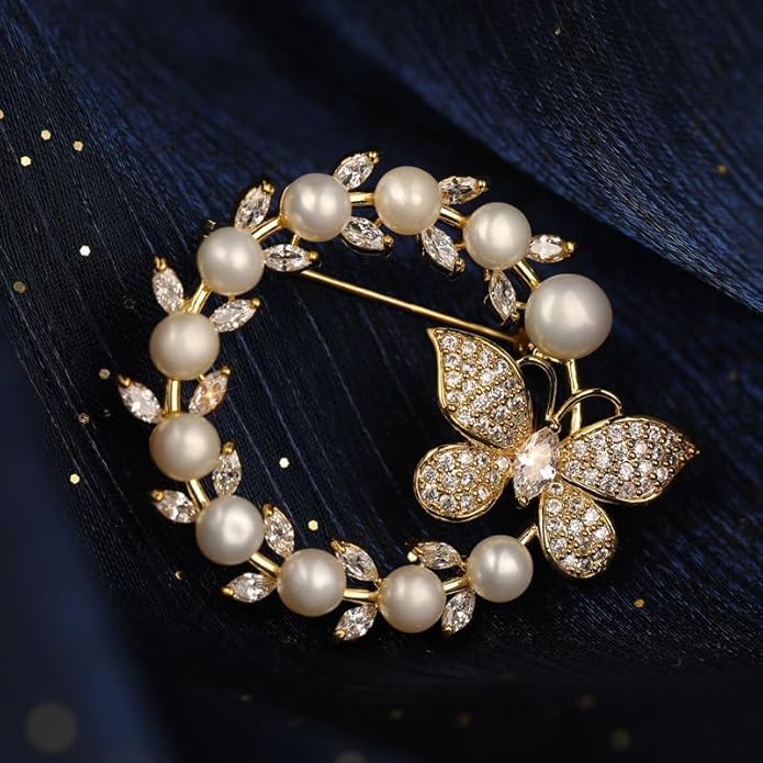 14K Gold Grand Butterfly Brooch with Crystal Embellishments, Circular Design Adorned with Natural Pearl, Luxurious and Elegant Pin for Stylish Attire
