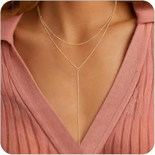 Lariat Necklace for Women, Dainty 14K Gold/Silver Plated Long Necklaces for Women Trendy Simple Layered Y-Shaped Drop Pendant Necklace Adjustable Gold Jewelry Gifts For Her Christmas Stocking Stuffer