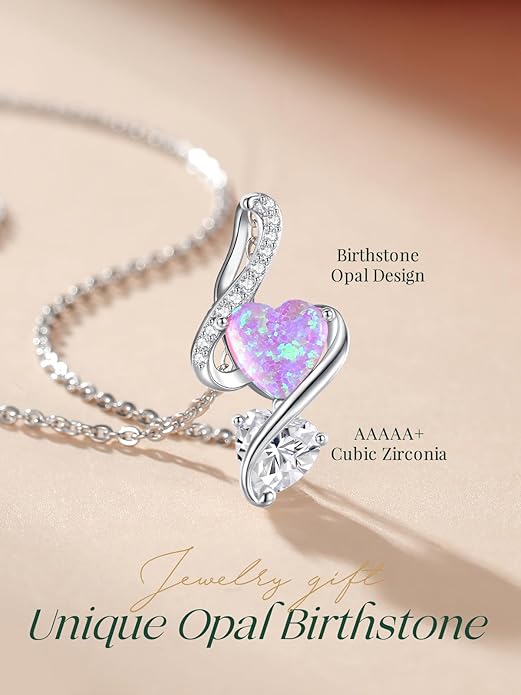LOUISA SECRET 925 Sterling Silver Opal Birthstone Necklace, Unique Tiny Double Heart Pendant Jewelry, Engraved with "S925 I Love You" Best Birthday Gift for Women Wife Girlfriend Mom Her, Christmas Day Valentine's Day Anniversary Mother's Day