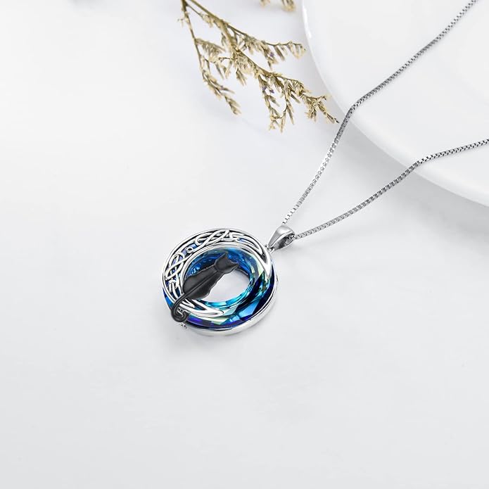 TOUPOP Christmas Cat Gifts for Cats Lovers One Two Three Four Cats Necklace Sterling Silver Cats on the Moon Pendant Necklace with Blue Circle Crystal Birthday Christmas Celtic Jewelry Gifts for Women