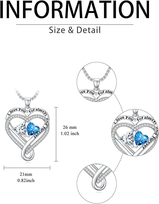 I Love You for Awlays and Forever Double Heart Necklace with Birthstone, 2 Birth Stone Jewelry Anniversary Valentines Mothers Day Christmas Birthday Gifts for Women Her Wife Girlfriend Mom Mother