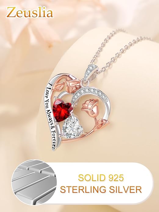 Zeuslia Double Birthstone Necklace Gifts for Wife - 925 Sterling Silver Sunflower/Rose/Crown Cross/Compass/Heart Pendant I Love You Necklace, Anniversary Birthday Gifts for Wife Girlfriend Mom Her