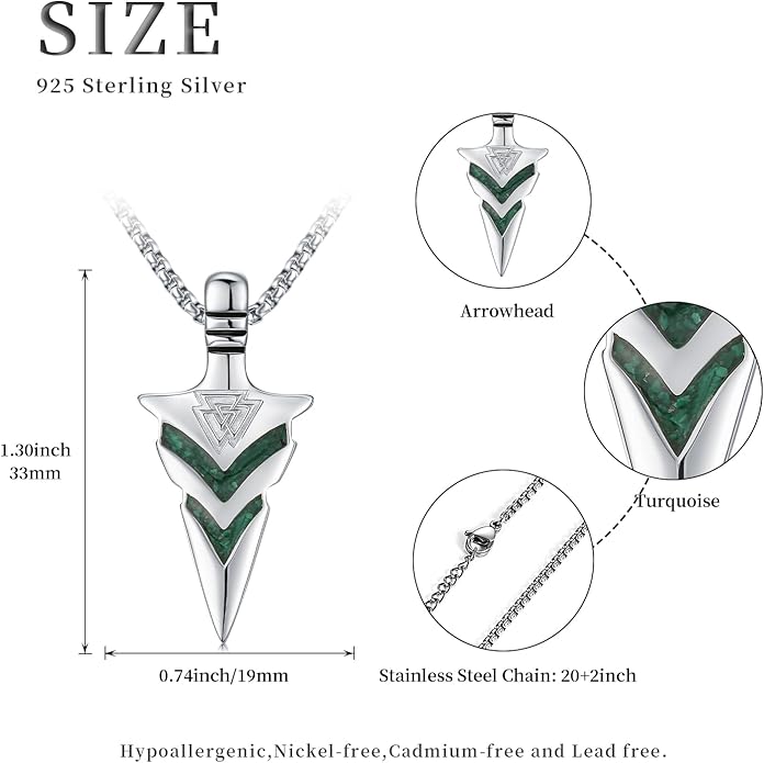 Suiknsn Arrowhead Necklace for Men Women 925 Sterling Silver Turquoise Malachite Celtic/Eye of Horus/Viking Arrow Pendant Amulet Jewelry Gifts Native American Necklace