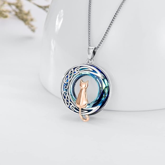 TOUPOP Christmas Cat Gifts for Cats Lovers One Two Three Four Cats Necklace Sterling Silver Cats on the Moon Pendant Necklace with Blue Circle Crystal Birthday Christmas Celtic Jewelry Gifts for Women