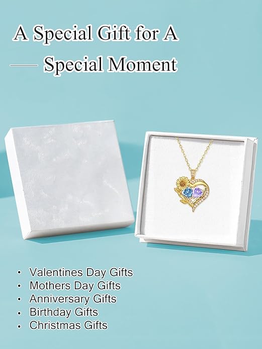 Sunflower Heart Necklace for Women 14K Gold Exquisite Anniversary Birthday Gifts for Wife Mother Her Double Birthstone Pendant jewelry‘You Are My Sunshine’