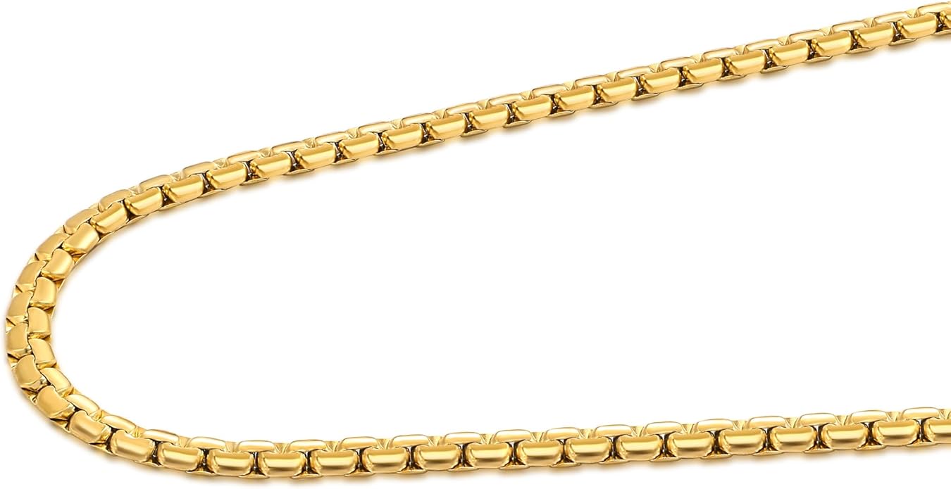 Fiusem Flat Box Chains for Men, 14k Gold Plated Stainless Steel Chain Necklace, 2.5/3/4/4.5/5mm Necklaces for Men and Women 16-28 Inch