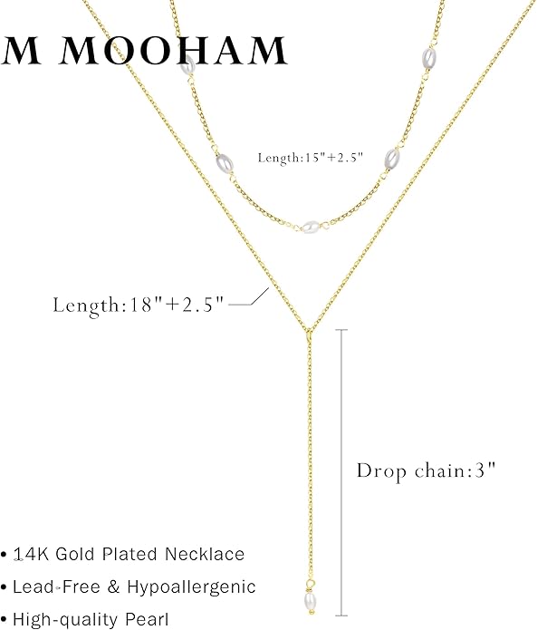 M MOOHAM Gold Lariat Necklace for Women - Dainty 14K Gold Plated Y-Shaped Long Drop Necklace Pearl Cross Clover Butterfly Cubic Zirconia Charm Layered Necklaces for Women Simple Jewelry Gifts
