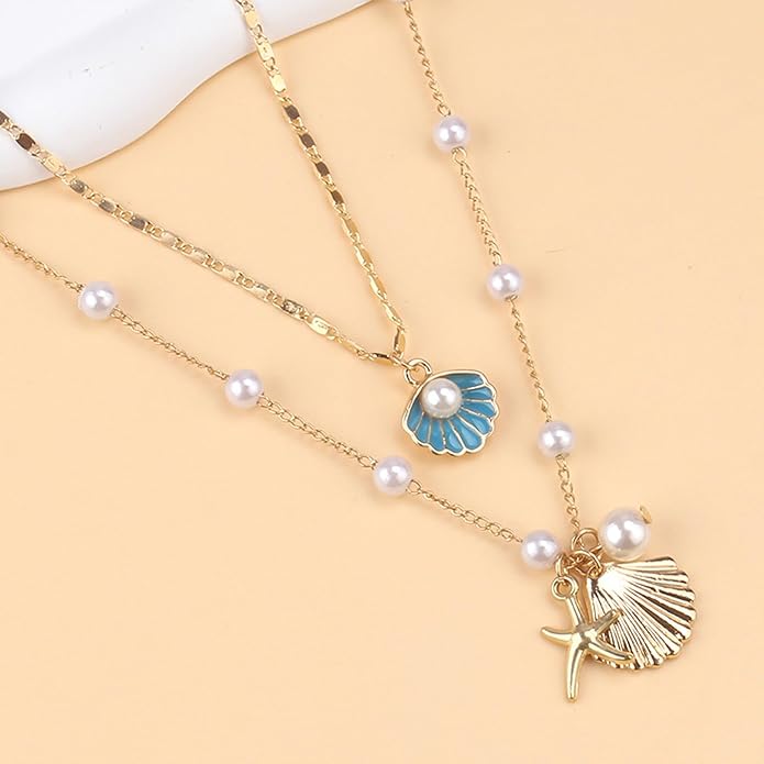 Gold Starfish Necklace for Women Beach Jewelry Accessories Sea Shell Beach Necklace Layered Starfish Pendant Beachy Ocean Necklaces Boho Cowrie Seashell Summer Necklaces Jewelry Gifts Trendy Stuff