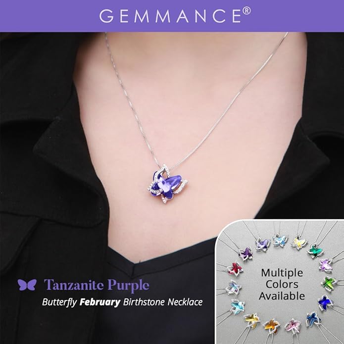 Gift Butterfly Birthstone Crystal Necklace, Silver Tone with 18”+2” Chain, Necklace for Mother’s Day Anniversary Birthday Gifts for Women and Daughter
