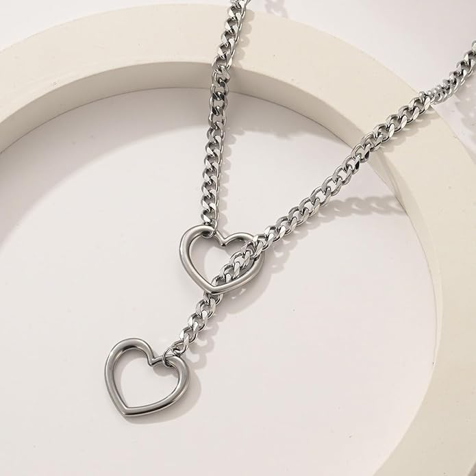 Artmiss Statement Chain Necklace Thick Link Choker with Heart Pendant Heavy Stainless Steel Industrial Unisex Statement Jewelry Gift for Women Men