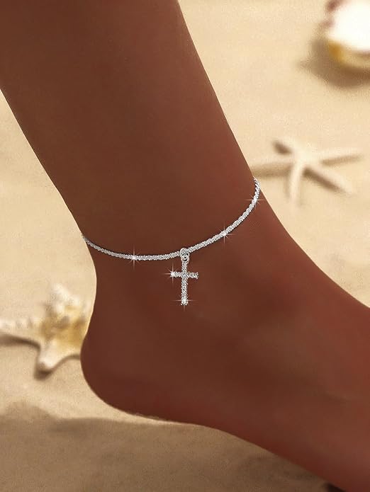 Ankle Bracelets for Women Waterproof Sparkly Anklets Tennis Rhinestone Anklets for Women Starfish Infinity Heart Cross Anklet Bracelet Beach Jewelry