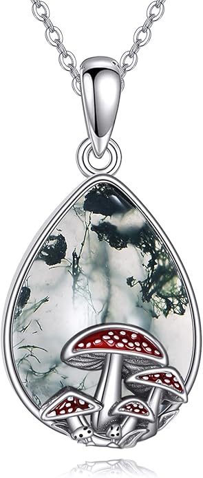 YAFEINI Mushroom Necklace Moonstone/Moss Agate/Malachite/Labradorite/Turquoise/Amber/Larimar/Black Onyx/Lapis Lazuli/Peridot/Opal Sterling Silver Mushroom Pendant Mother's Day Jewelry for Women Mom