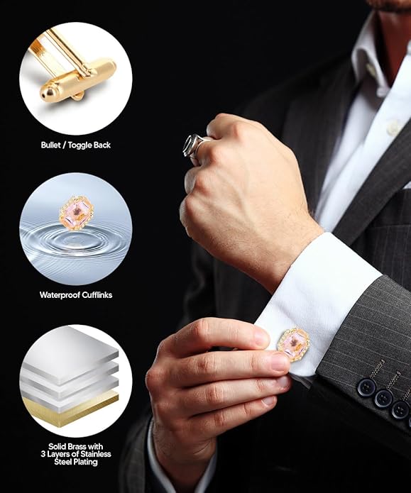 Rectangular Colored Diamond-Flanked Crystal Cuff Links – Tuxedo Suit Accessories, Cufflinks for Men