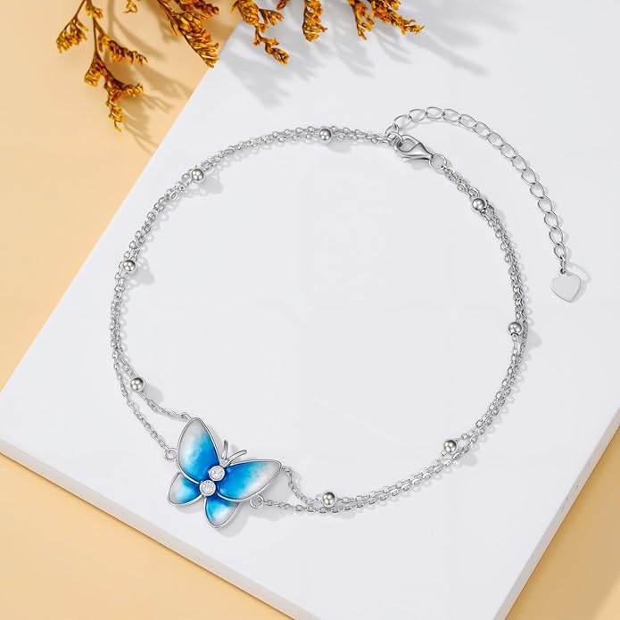 Diamond Butterfly Anklet Sterling Silver, Elegant Adjustable Ankle Bracelet for Women, 925 Silver Hypoallergenic Foot Jewelry Birthday Christmas Gift for Her