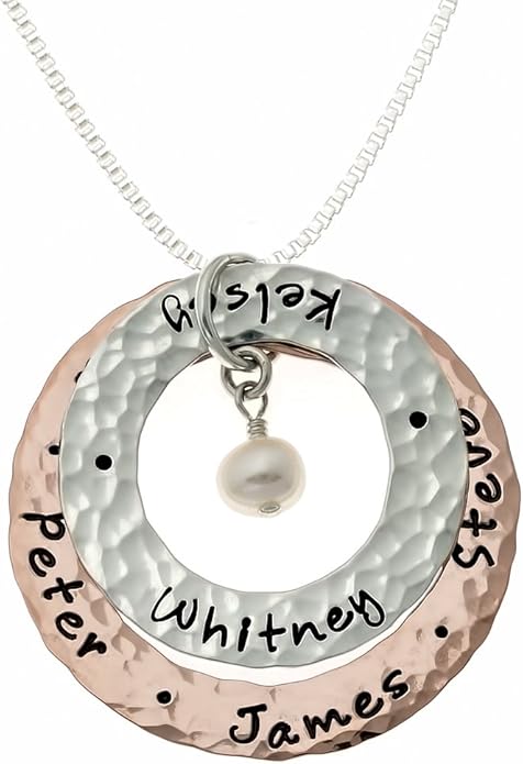 AJ's Collection Happy Family Mixed Metal Washers Necklace With Customizable Sterling Silver, 14k Gold, and Rose Gold Plated Washers. Includes Sterling Silver Cable, Box, or Ball Chain