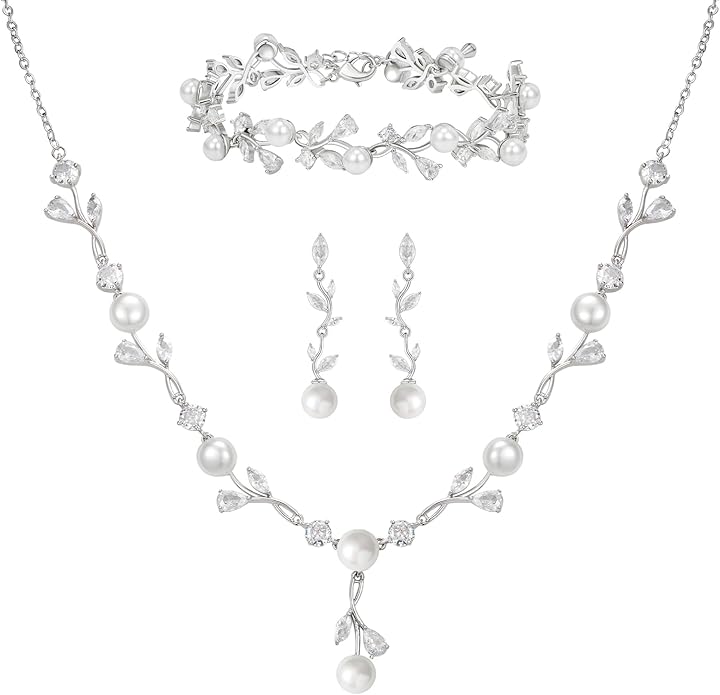 SWEETV Jewelry Set for Bride Women, Cubic Zirconia Pearl Bridal Earrings Necklace Bracelet Set, Bridal Jewelry Set for Wedding Prom
