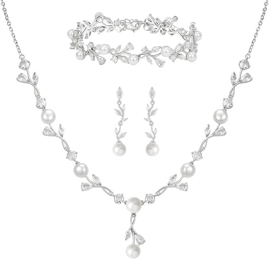 SWEETV Jewelry Set for Bride Women, Cubic Zirconia Pearl Bridal Earrings Necklace Bracelet Set, Bridal Jewelry Set for Wedding Prom