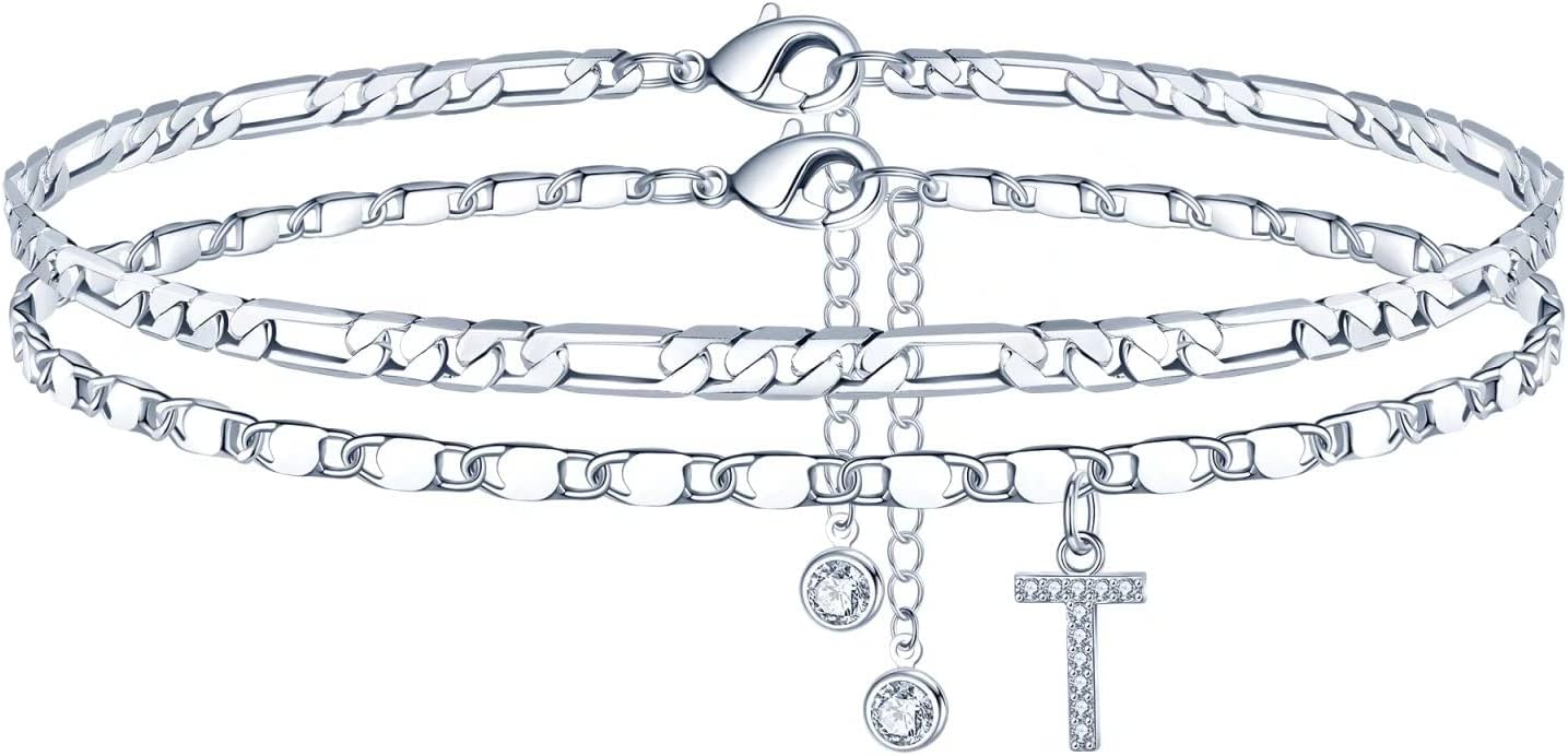 Ursteel Ankle Bracelets for Women, 14K-Gold-Plated Dainty Layered Chain CZ Initial Anklets Set Summer Jewelry Gifts for Women