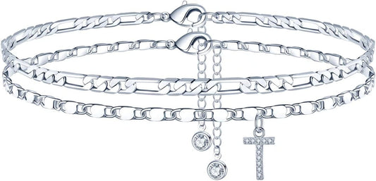 Ursteel Ankle Bracelets for Women, 14K-Gold-Plated Dainty Layered Chain CZ Initial Anklets Set Summer Jewelry Gifts for Women