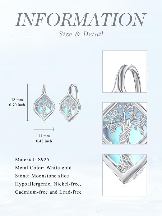 WINNICACA Leverback Earrings for Wonen 925 Sterling Silver Tree of Life Earrings Dangle Drop Turquoise Moonstone Moss Agate Heart Jewelry Gifts for Women Anniversary Birthday Christmas