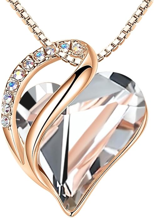 Leafael Rose Gold Plated Necklace for Women: Heart Shaped Birthstone/Healing Crystals Center, Dazzling Cubic Zirconia, Hypoallergenic Chain (18"+2"), Jewelry Gifts for Anniversaries and Birthdays