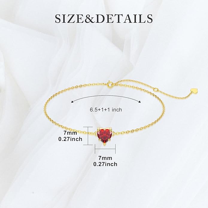 14k Gold Love Heart Gemstone Bracelet for Women,7MM Heart-cut Created Birthstone Anniversary Birthday Mother's Day Bracelets Jewelry for Mom Her 6.5''+2''