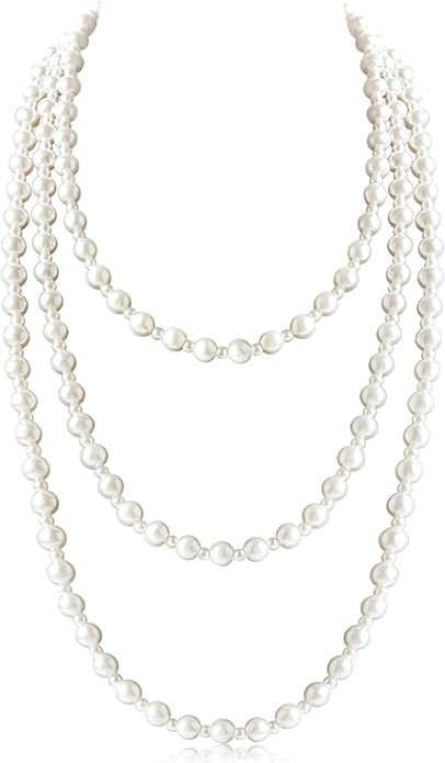 Long Pearl Necklaces for Women Cream White Faux Pearl Strand Layered Necklace Costume Jewelry