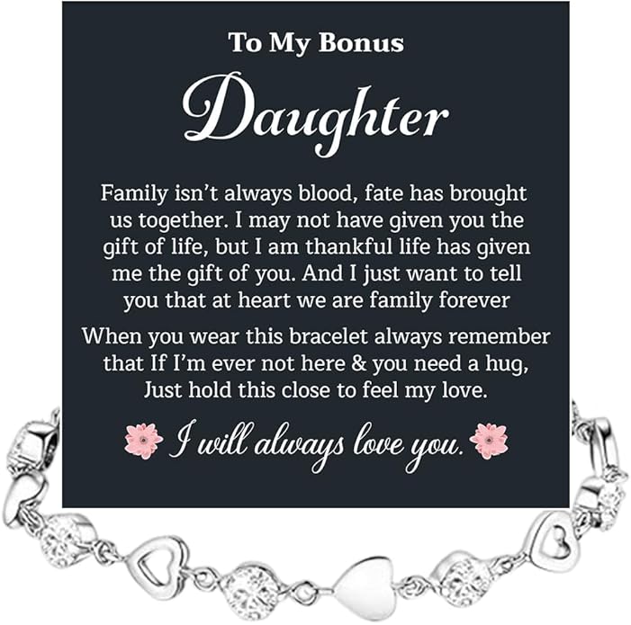 To My Bonus Daughter Heart Bracelet Gift, Beautiful Bonus Daughter Jewelry From Step Mom Dad With Message Card and Box Meaning, Christmas Graduation Birthday Gifts, To My Stepdaughter Bracelet