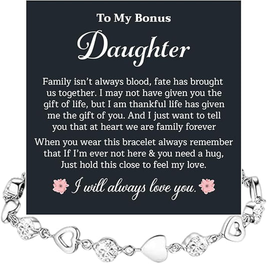 To My Bonus Daughter Heart Bracelet Gift, Beautiful Bonus Daughter Jewelry From Step Mom Dad With Message Card and Box Meaning, Christmas Graduation Birthday Gifts, To My Stepdaughter Bracelet